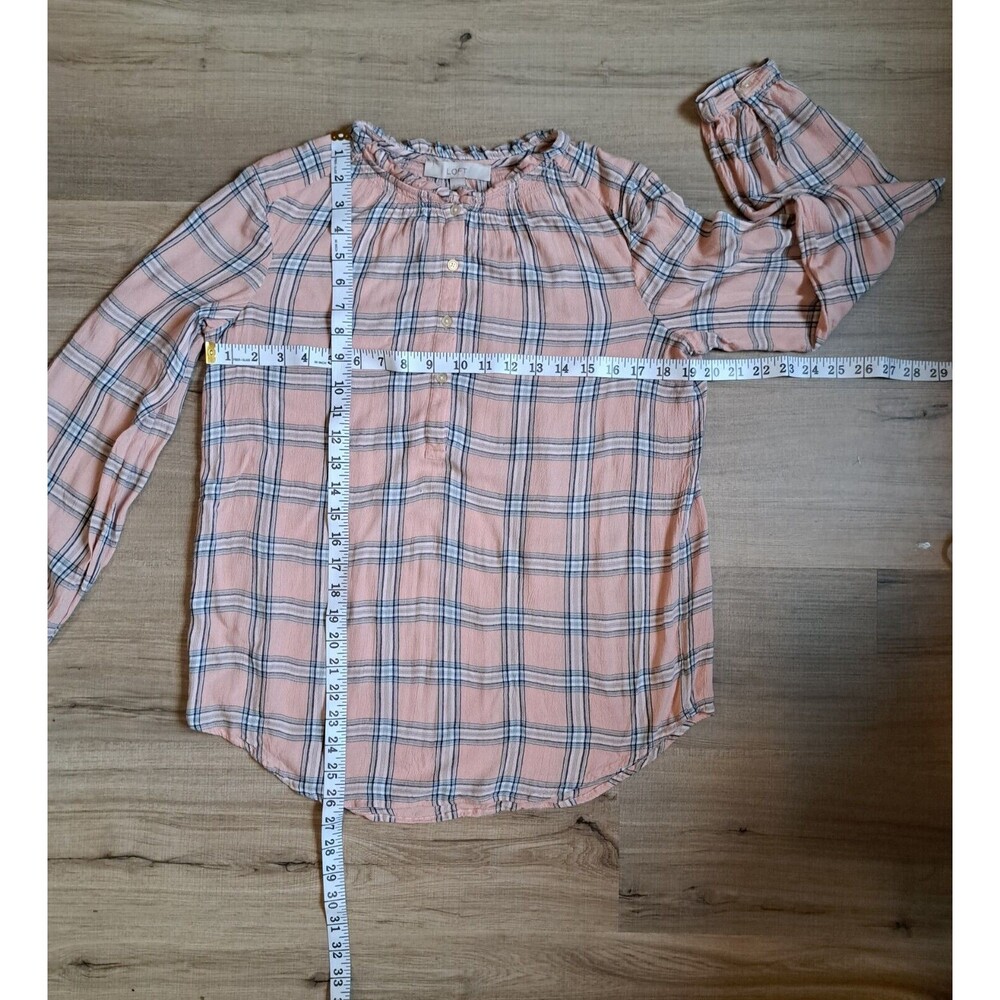 Loft Size S Blouse Pink Plaid Long Sleeve Buttons Ruffled Neck Peasant Cottage - Picture 6 of 6